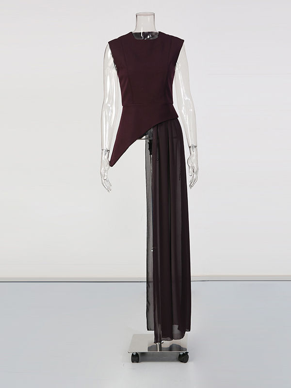 TWOTWINSTYLE Vintage Sleeveless Asymmetrical Spliced Mesh Top