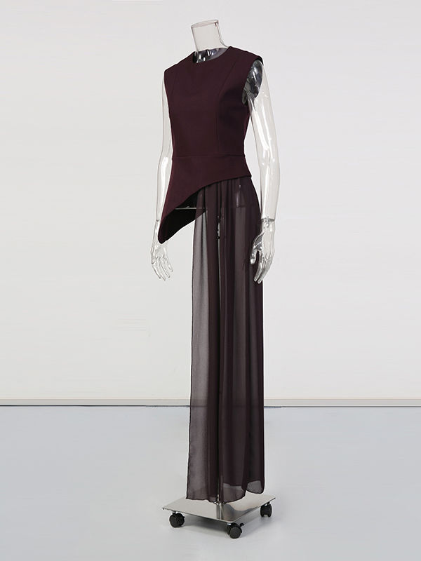 TWOTWINSTYLE Vintage Sleeveless Asymmetrical Spliced Mesh Top