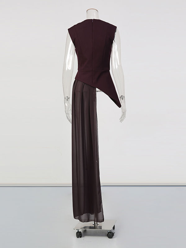 TWOTWINSTYLE Vintage Sleeveless Asymmetrical Spliced Mesh Top