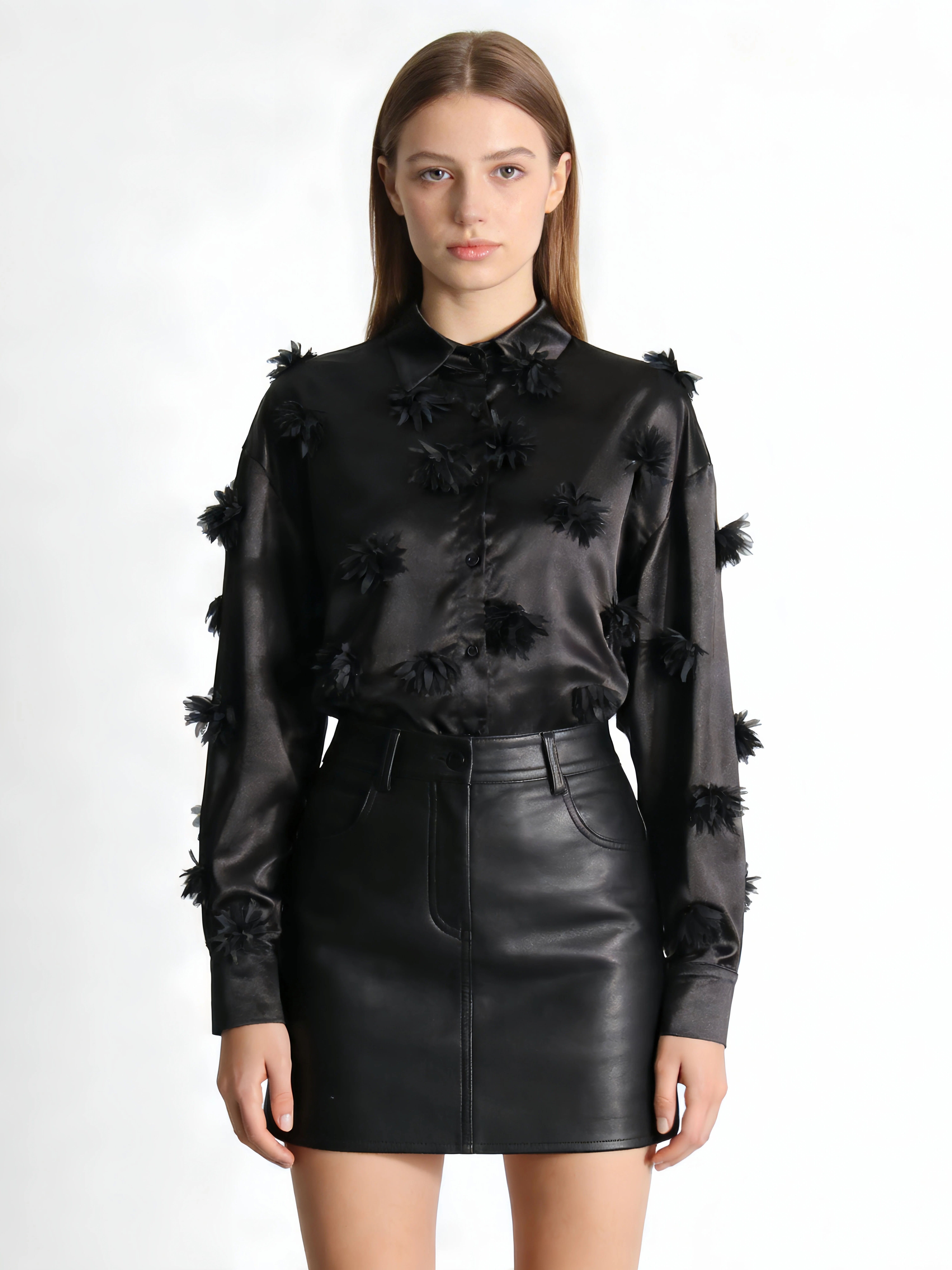 TWOTWINSTYLE Solid Lapel Patchwork 3D Flower Shirt