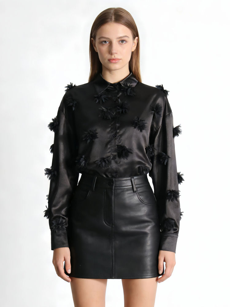 TWOTWINSTYLE Solid Lapel Patchwork 3D Flower Shirt