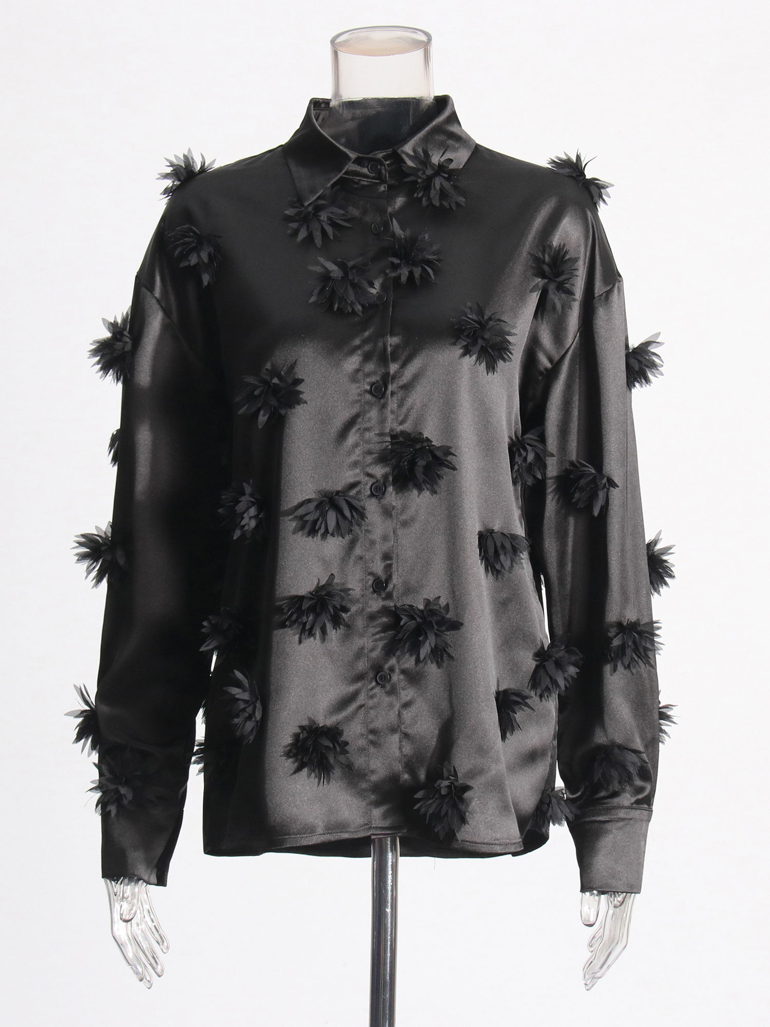 TWOTWINSTYLE Solid Lapel Patchwork 3D Flower Shirt