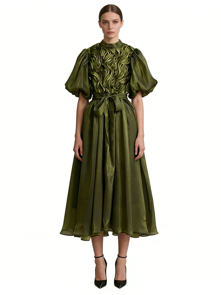TWOTWINSTYLE Solid Puff Sleeve High Waist Vintage Dress