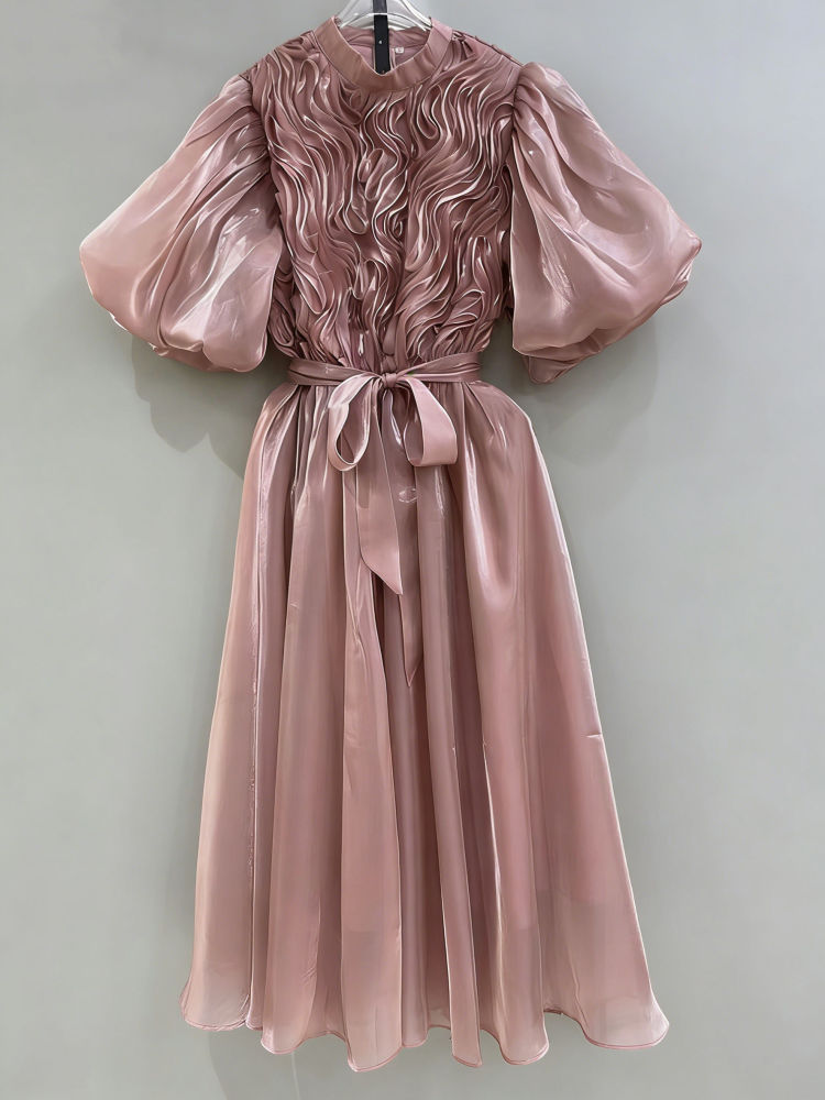 TWOTWINSTYLE Solid Puff Sleeve High Waist Vintage Dress