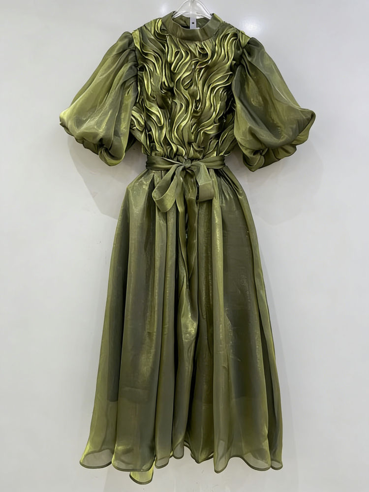 TWOTWINSTYLE Solid Puff Sleeve High Waist Vintage Dress