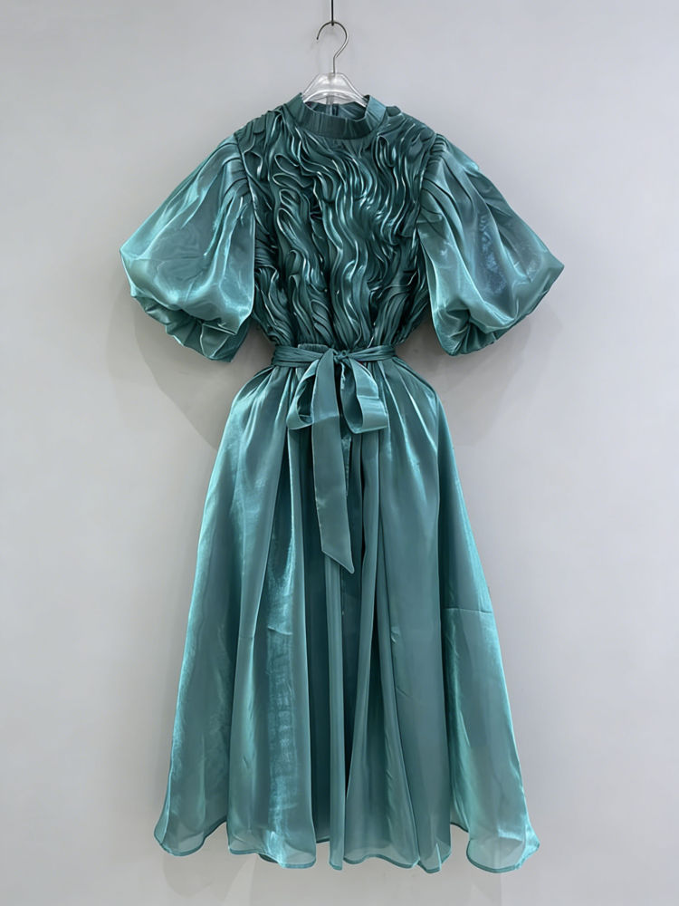 TWOTWINSTYLE Solid Puff Sleeve High Waist Vintage Dress