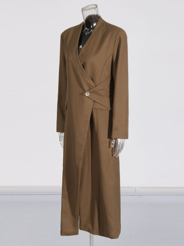 TWOTWINSTYLE Solid V Neck Tunic Vintage Coat
