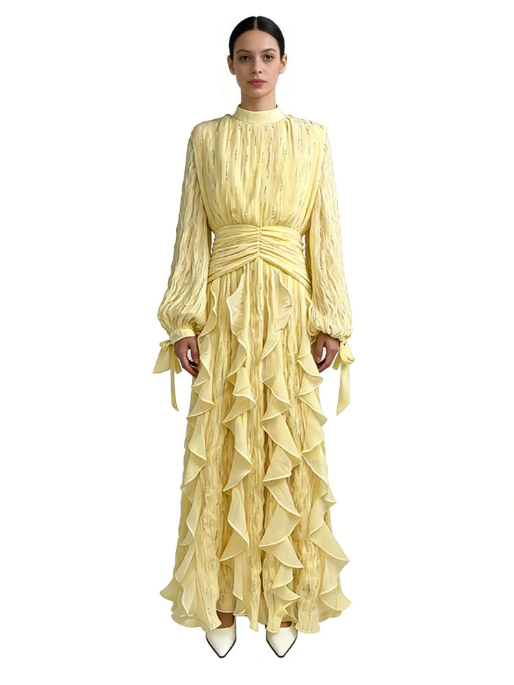TWOTWINSTYLE Stand Collar Tunic Spliced Ruffles Elegant Dress