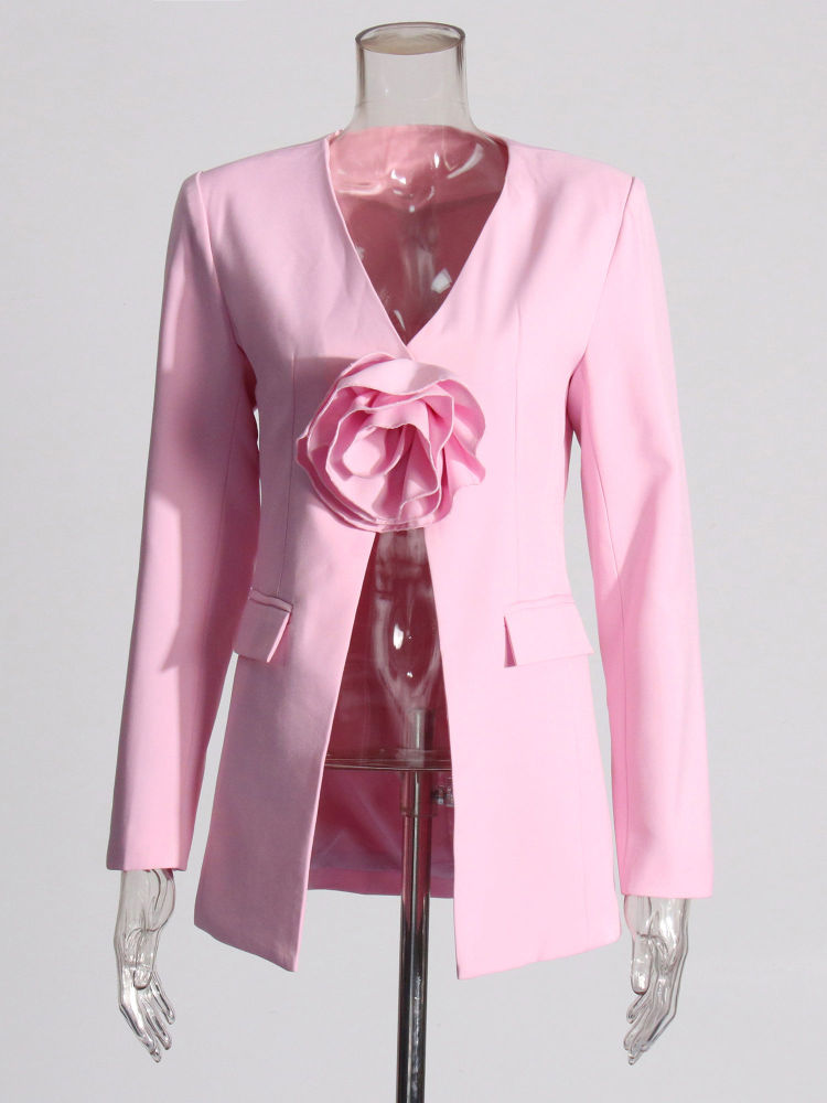 TWOTWINSTYLE V Neck Patchwork 3D Flower Temperament Coat
