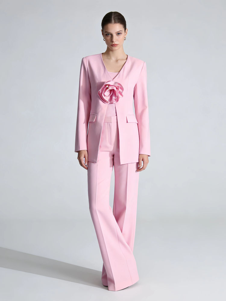 TWOTWINSTYLE V Neck Patchwork 3D Flower Temperament Coat