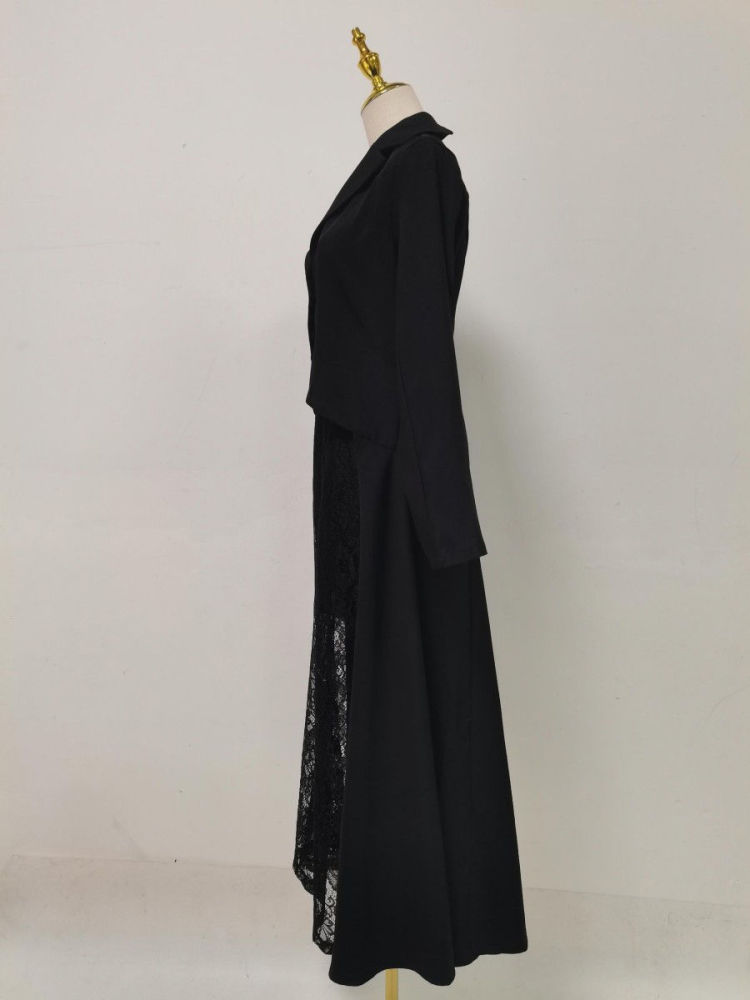 TWOTWINSTYLE Lapel Tunic Top Lace Side Split Skirt Vintage Set