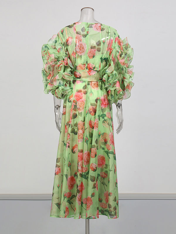TWOTWINSTYLE Ruffled Sleeves Patchwork Print Vintage Dress