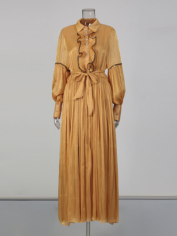 TWOTWINSTYLE Vintage Solid Lapel High Waist Midi Dress