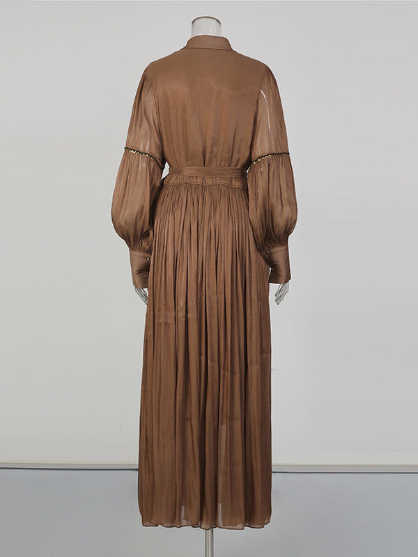 TWOTWINSTYLE Vintage Solid Lapel High Waist Midi Dress