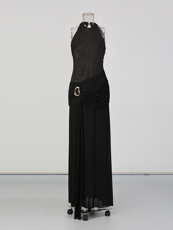 TWOTWINSTYLE Stand Collar Pleated Fashion Maxi Dress