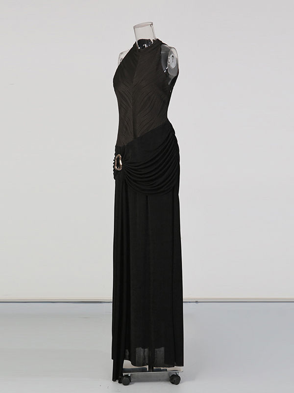 TWOTWINSTYLE Stand Collar Pleated Fashion Maxi Dress