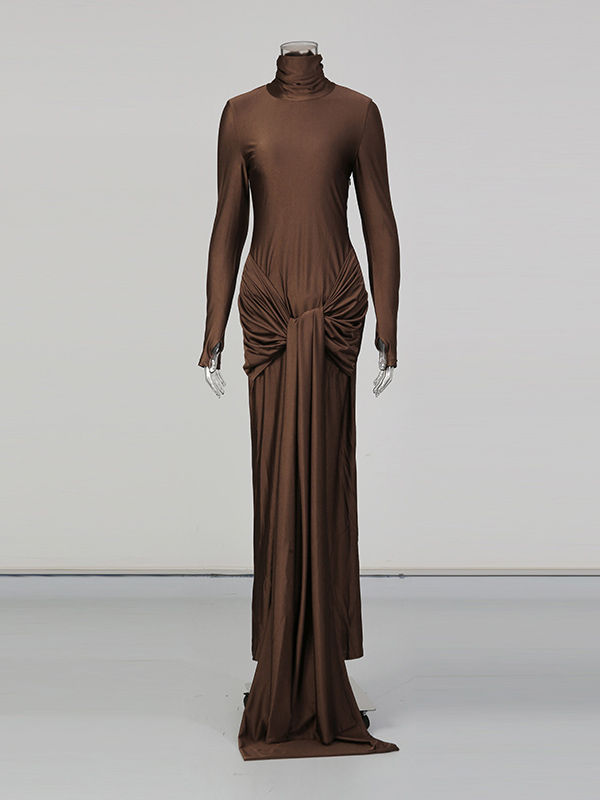 TWOTWINSTYLE Solid Stand Collar Ruched Long Dress