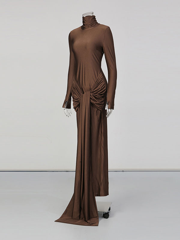 TWOTWINSTYLE Solid Stand Collar Ruched Long Dress