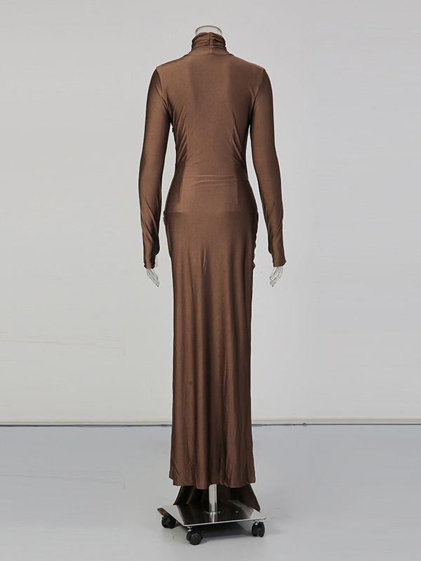 TWOTWINSTYLE Solid Stand Collar Ruched Long Dress