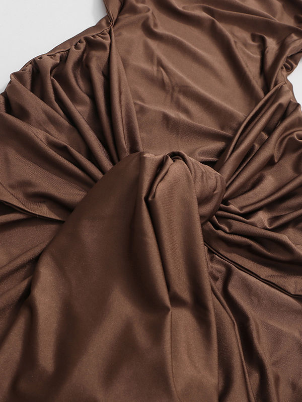 TWOTWINSTYLE Solid Stand Collar Ruched Long Dress