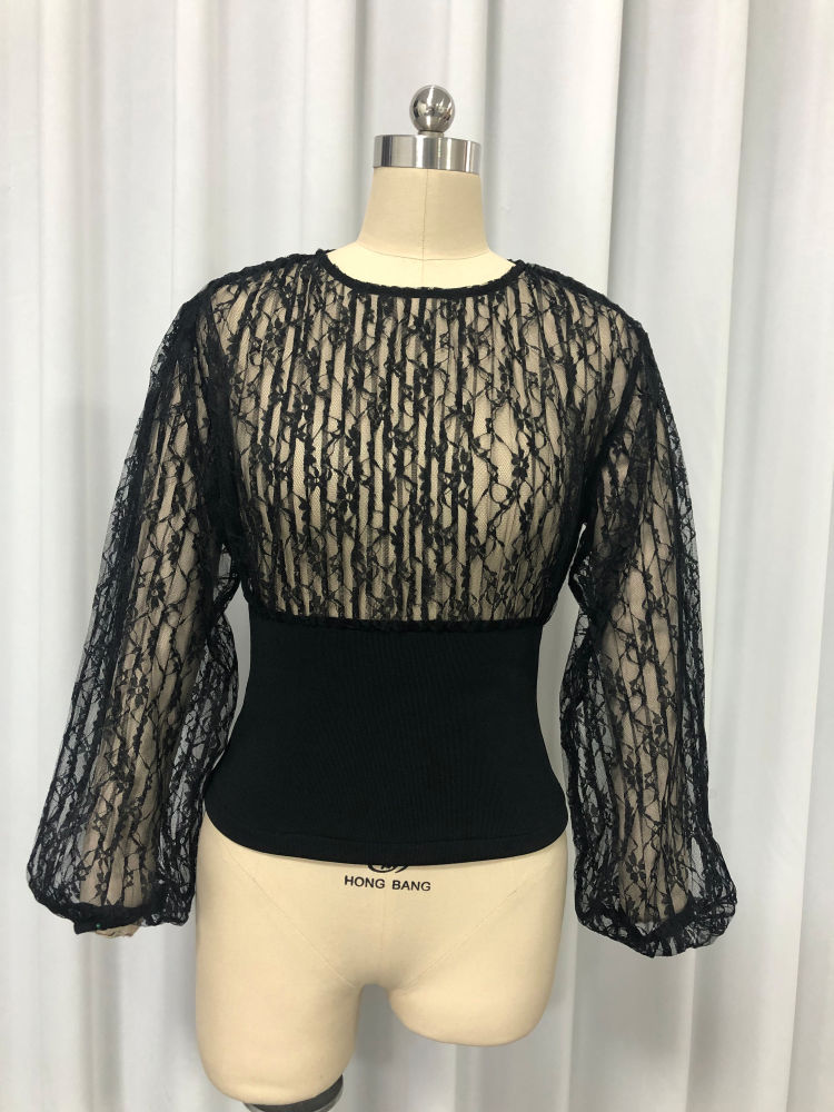 TWOTWINSTYLE Long Sleeve Spliced Lace Tunic Vintage T Shirt