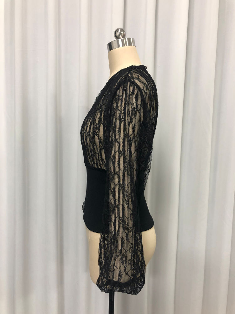 TWOTWINSTYLE Long Sleeve Spliced Lace Tunic Vintage T Shirt