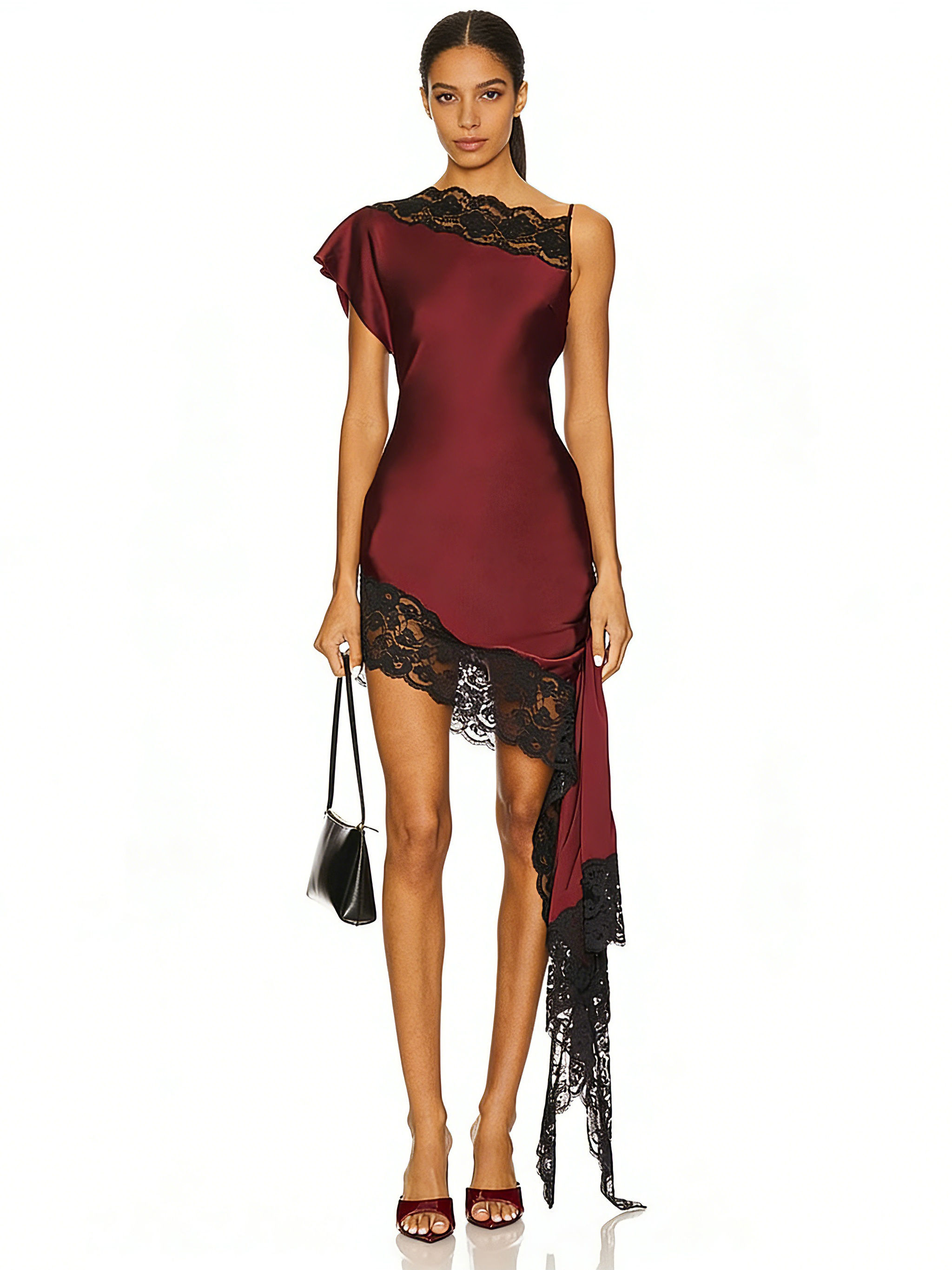 TWOTWINSTYLE Solid Off One Shoulder Patchwork Lace Dress