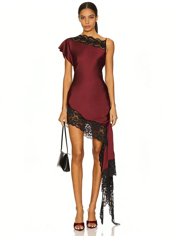 TWOTWINSTYLE Solid Off One Shoulder Patchwork Lace Dress