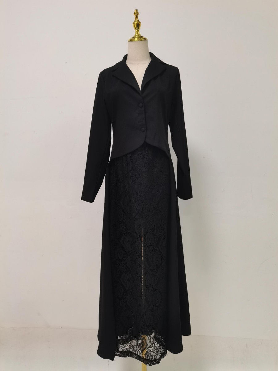 TWOTWINSTYLE Lapel Tunic Top Lace Side Split Skirt Vintage Set