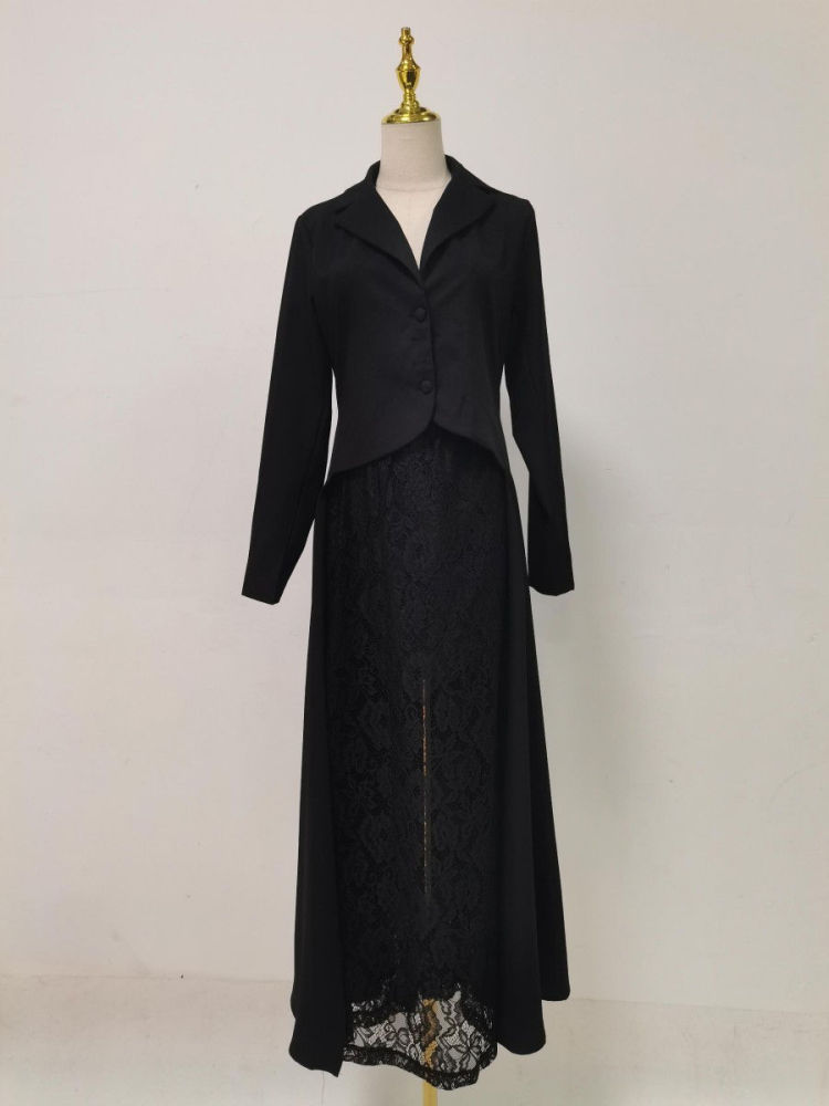 TWOTWINSTYLE Lapel Tunic Top Lace Side Split Skirt Vintage Set