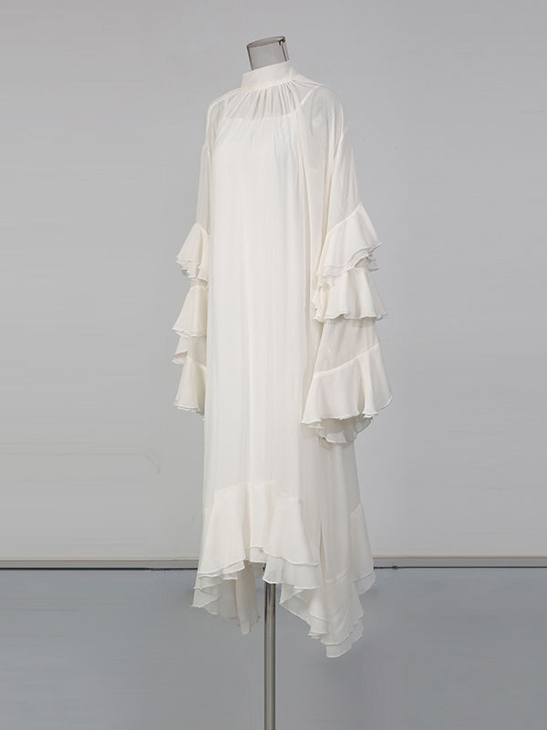 TWOTWINSTYLE Stand Collar Patchwork Ruffles Midi Dress
