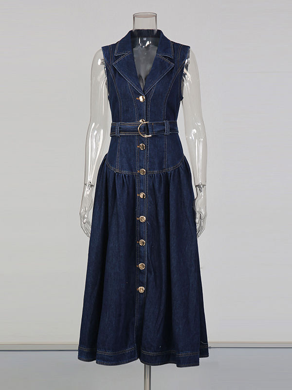 TWOTWINSTYLE Denim Lapel Sleeveless Patchwork Belt Long Dress