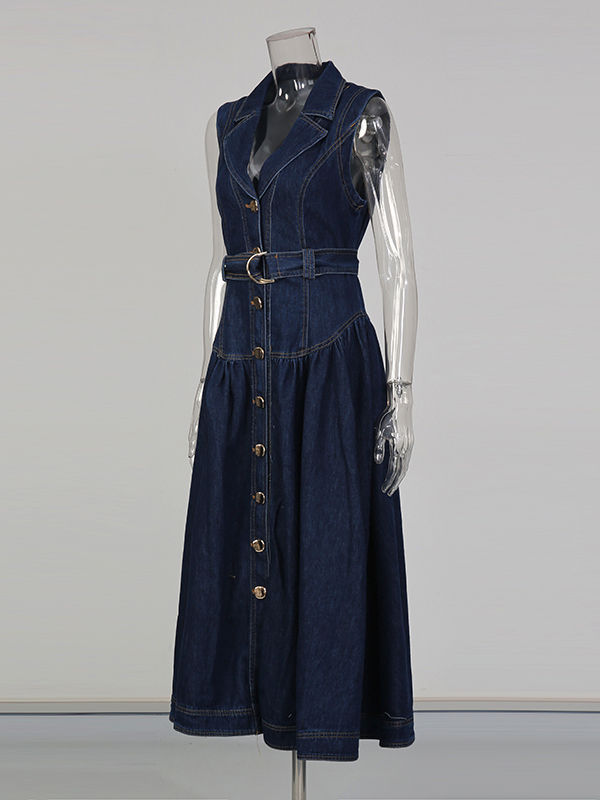 TWOTWINSTYLE Denim Lapel Sleeveless Patchwork Belt Long Dress