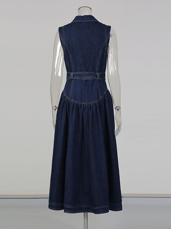 TWOTWINSTYLE Denim Lapel Sleeveless Patchwork Belt Long Dress