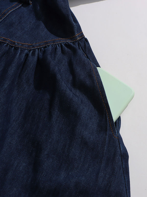 TWOTWINSTYLE Denim Lapel Sleeveless Patchwork Belt Long Dress