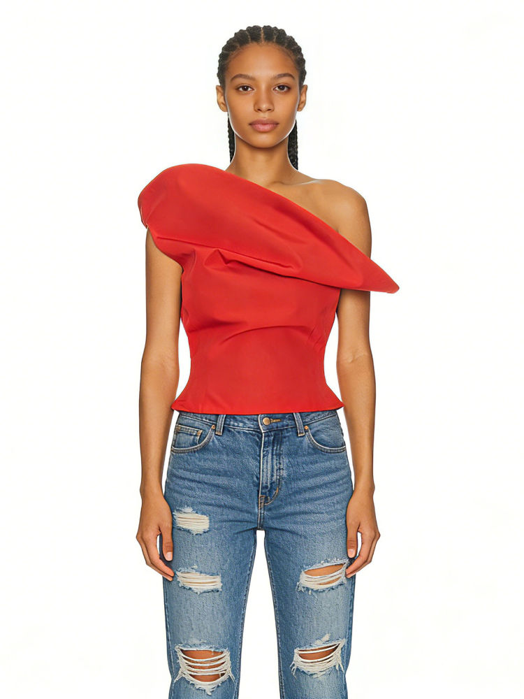 TWOTWINSTYLE Solid Off One Shoulder Tunic Designer Vest