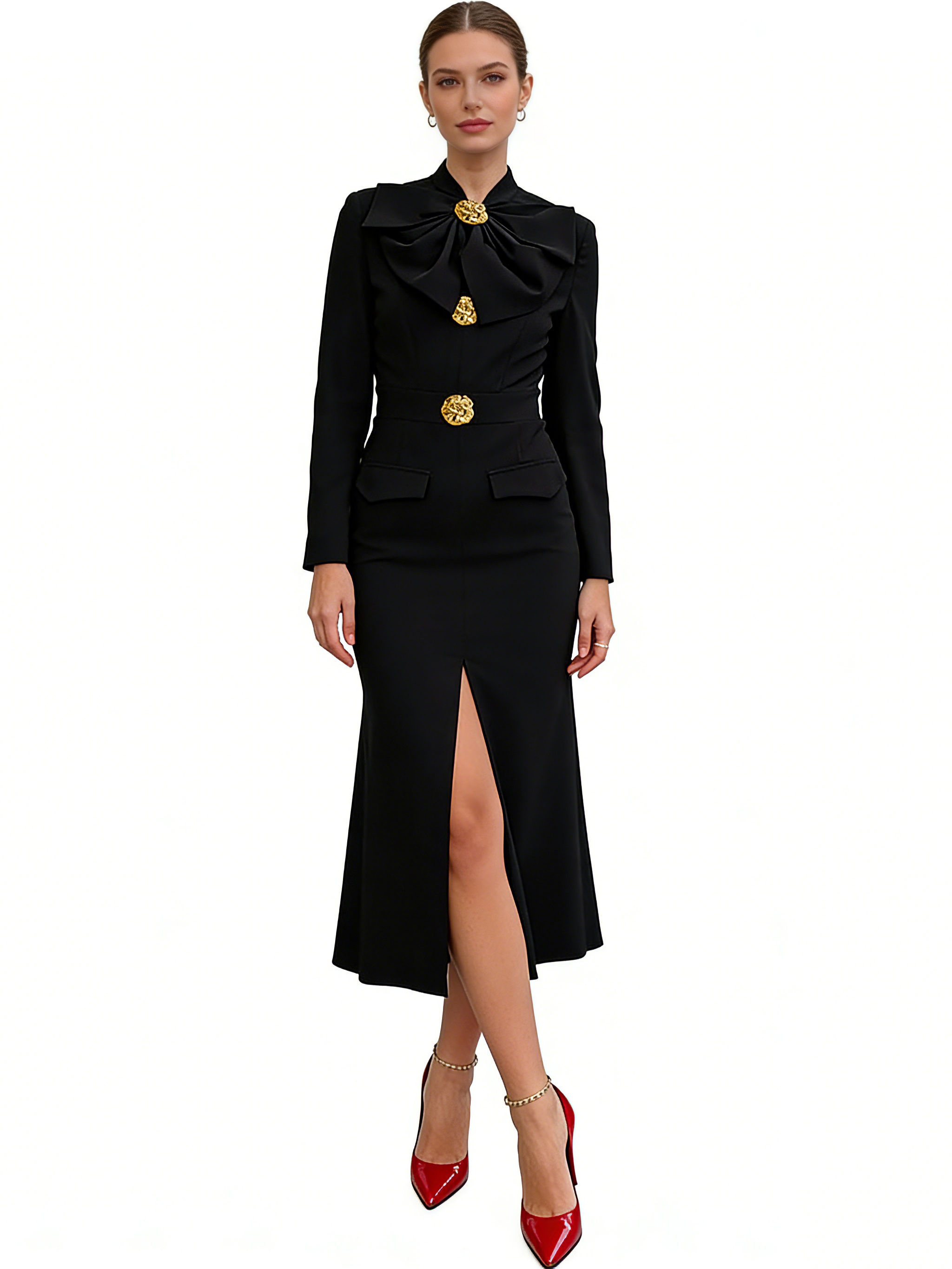 TWOTWINSTYLE Solid Stand Collar Slit Patchwork Bowknot Dress