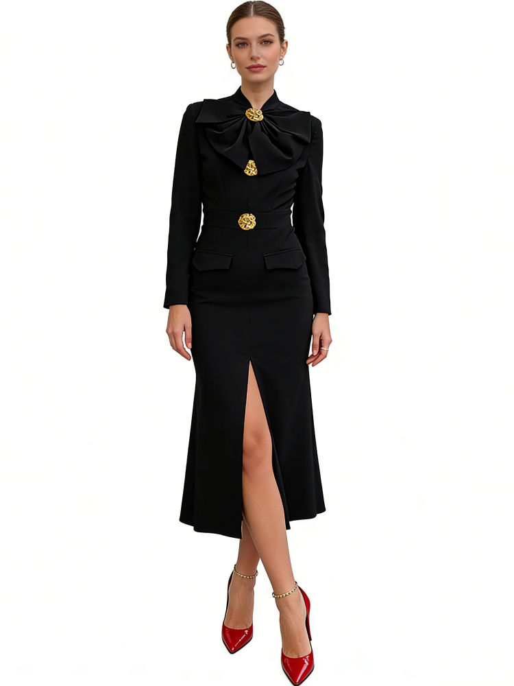 TWOTWINSTYLE Solid Stand Collar Slit Patchwork Bowknot Dress