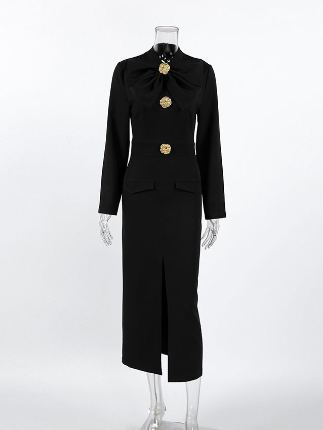TWOTWINSTYLE Solid Stand Collar Slit Patchwork Bowknot Dress
