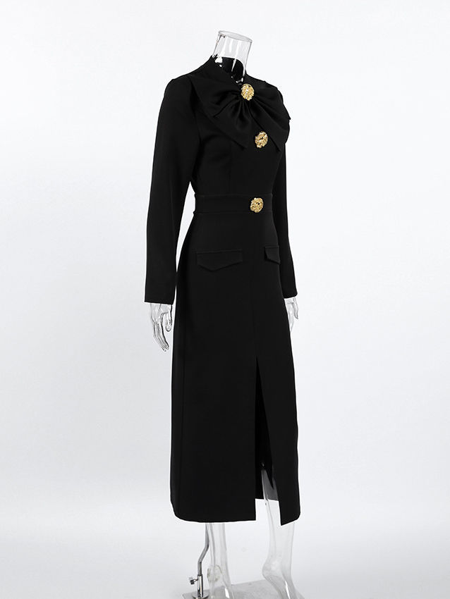TWOTWINSTYLE Solid Stand Collar Slit Patchwork Bowknot Dress