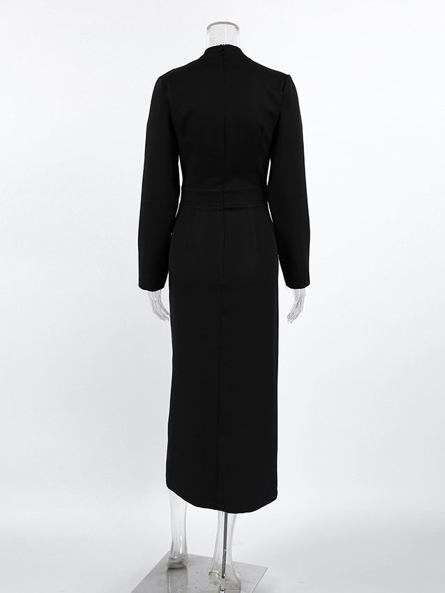 TWOTWINSTYLE Solid Stand Collar Slit Patchwork Bowknot Dress