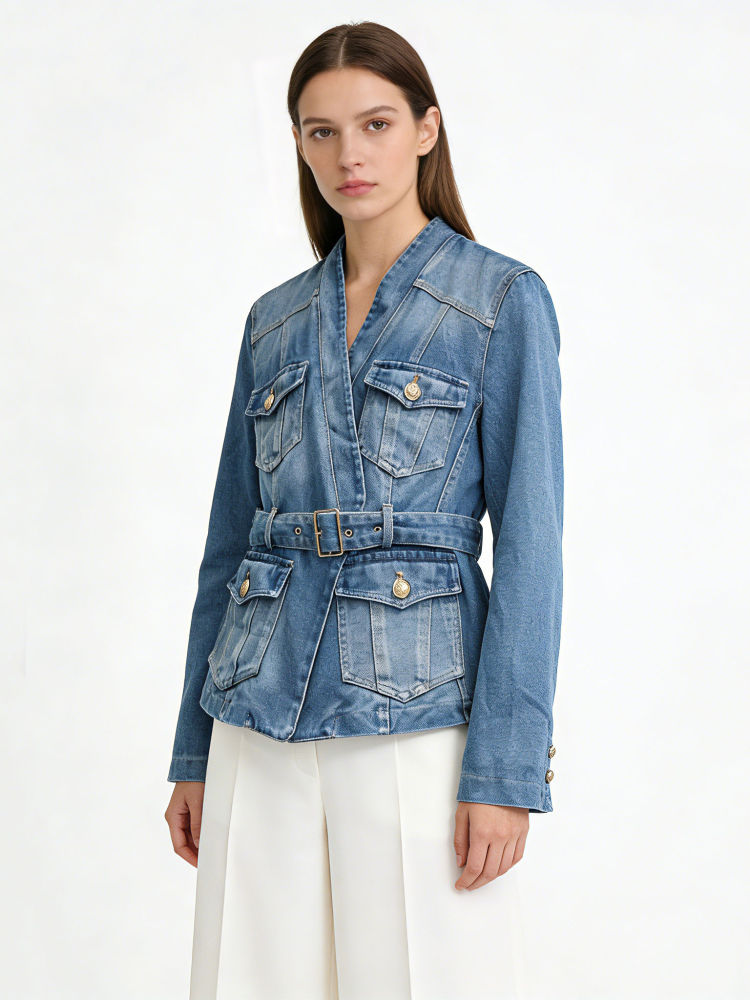 TWOTWINSTYLE V Neck Loose Spliced Belt Fashion Denim Coat