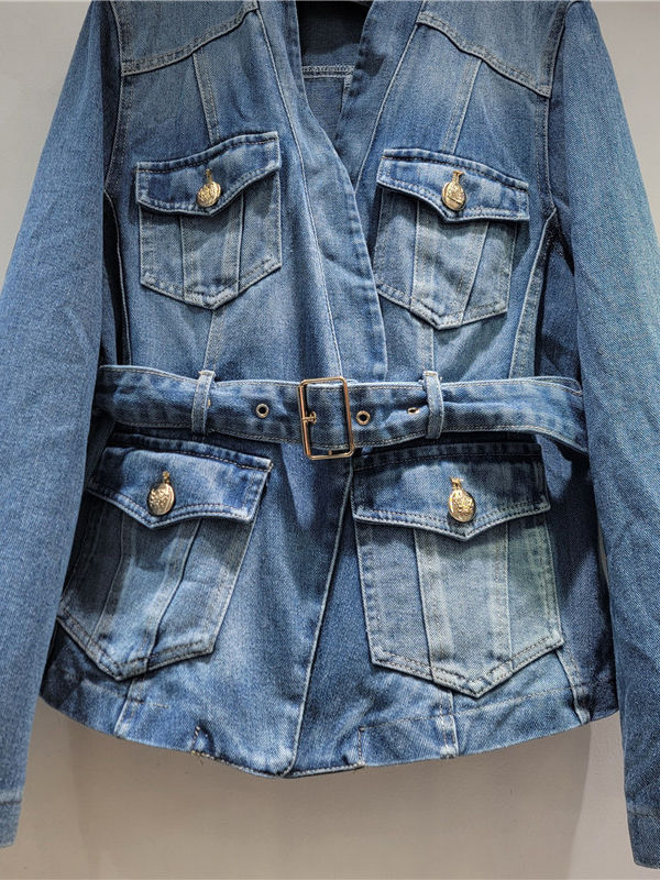 TWOTWINSTYLE V Neck Loose Spliced Belt Fashion Denim Coat