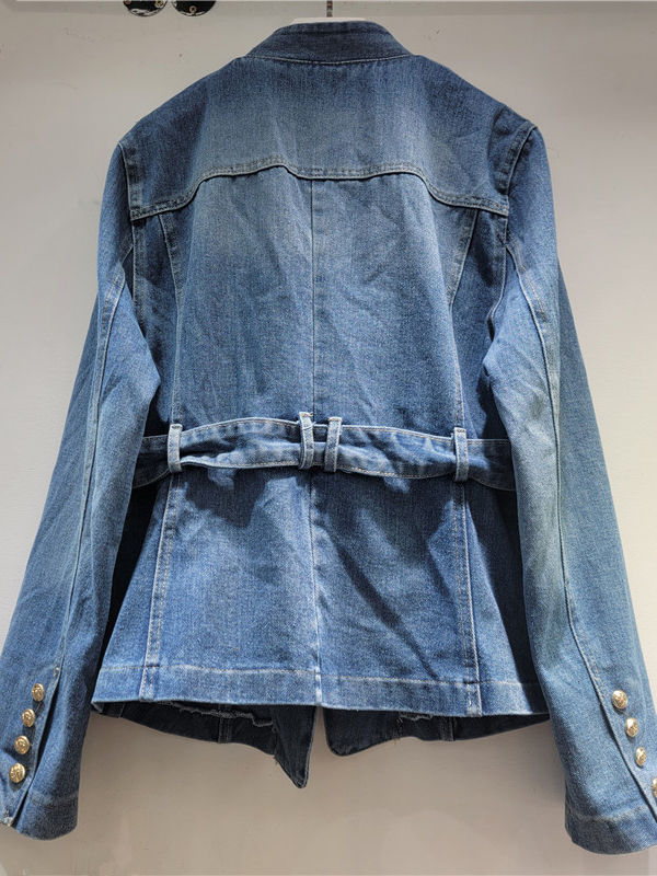 TWOTWINSTYLE V Neck Loose Spliced Belt Fashion Denim Coat