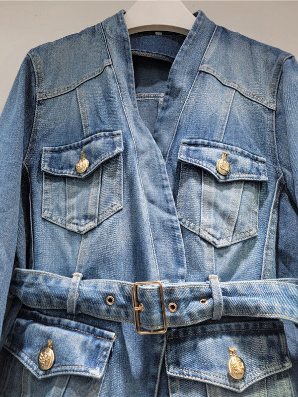 TWOTWINSTYLE V Neck Loose Spliced Belt Fashion Denim Coat