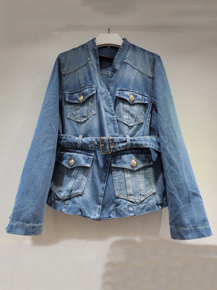 TWOTWINSTYLE V Neck Loose Spliced Belt Fashion Denim Coat