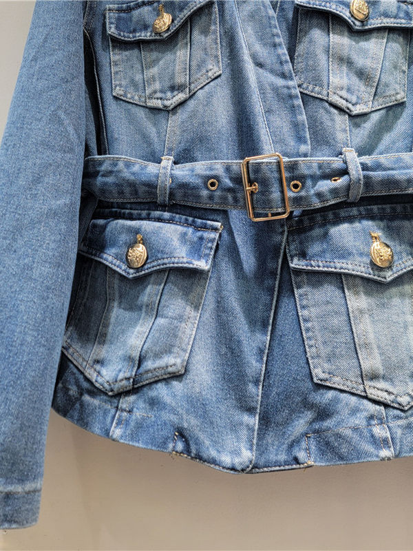 TWOTWINSTYLE V Neck Loose Spliced Belt Fashion Denim Coat