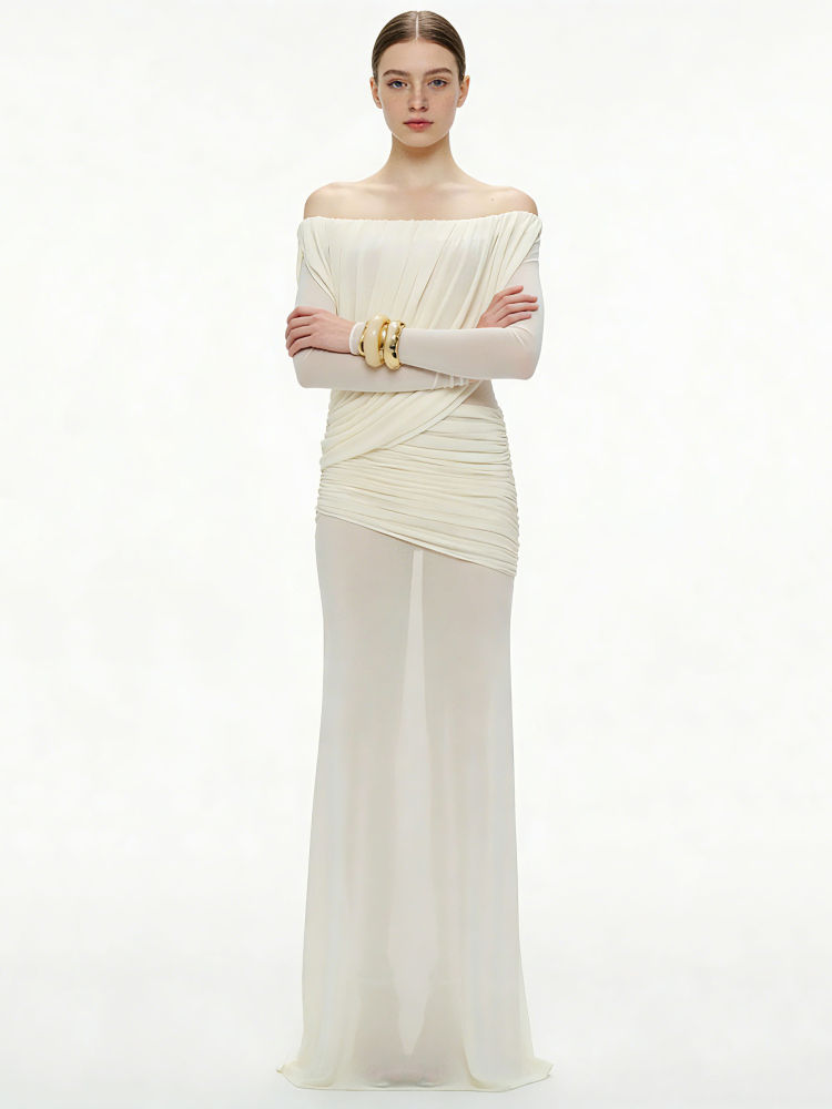 TWOTWINSTYLE Vintage Solid Off Shoulder Maxi Dress