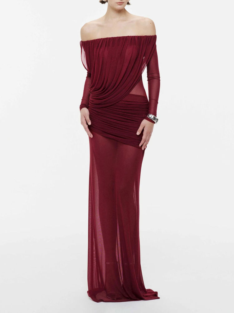 TWOTWINSTYLE Vintage Solid Off Shoulder Maxi Dress