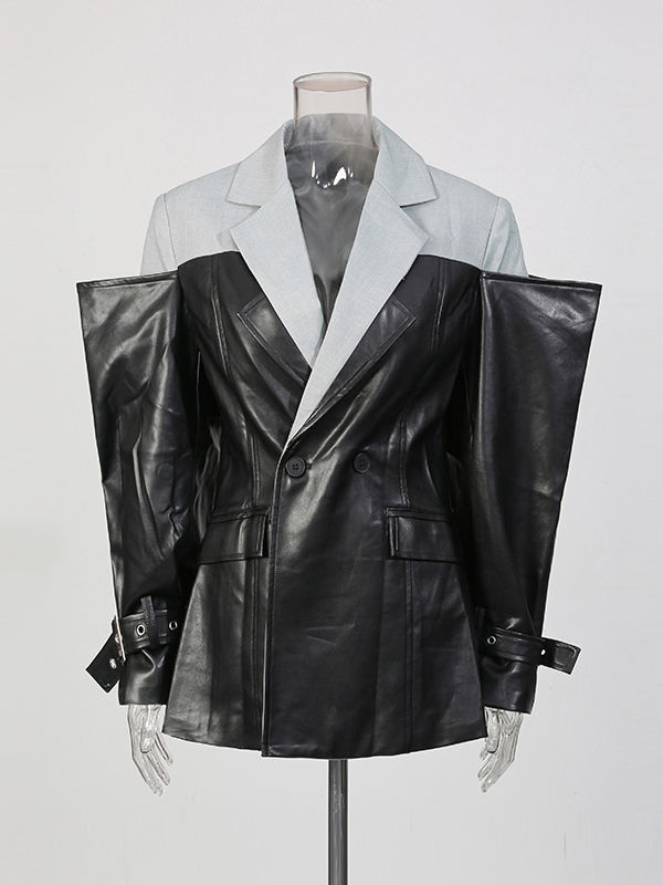 TWOTWINSTYLE Hit Color Patchwork Pu Leather Designer Coat